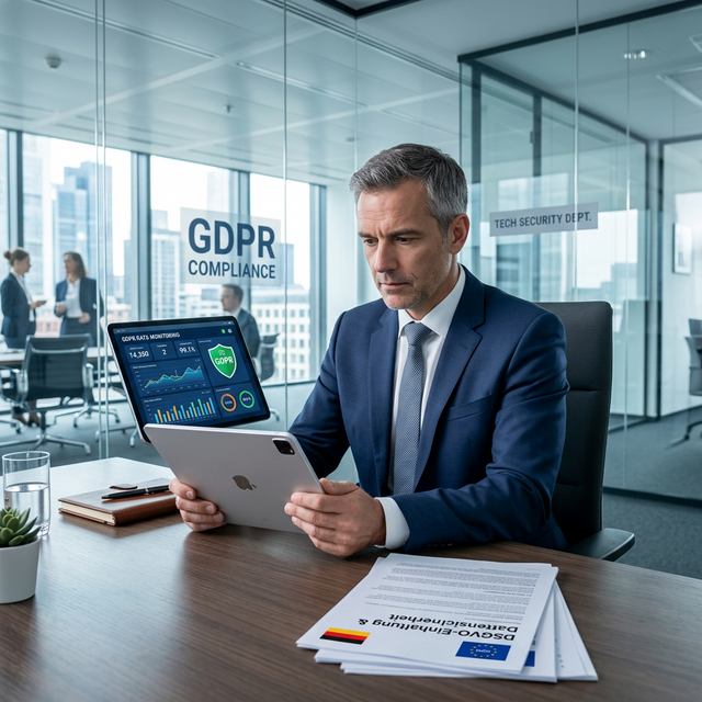 IT Manager prüft DSGVO-Konformität und Datenschutz der Mitarbeiter App auf dem Tablet