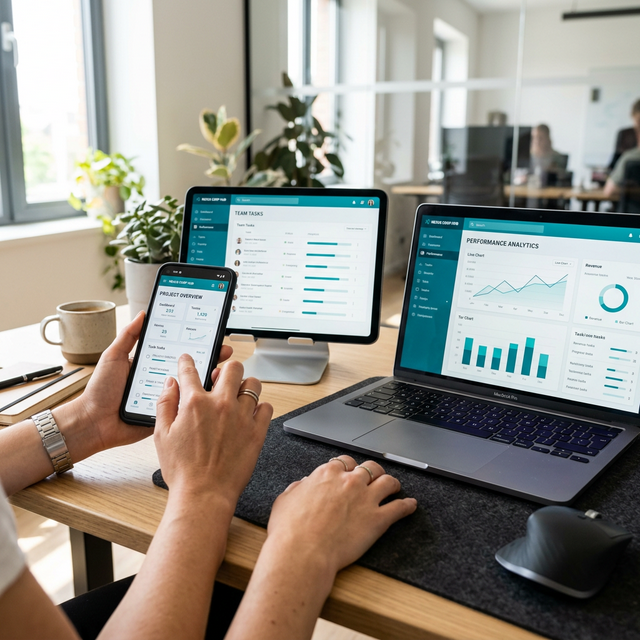 Mitarbeiter Kommunikation App auf iOS Smartphone, Android Tablet und Web Desktop