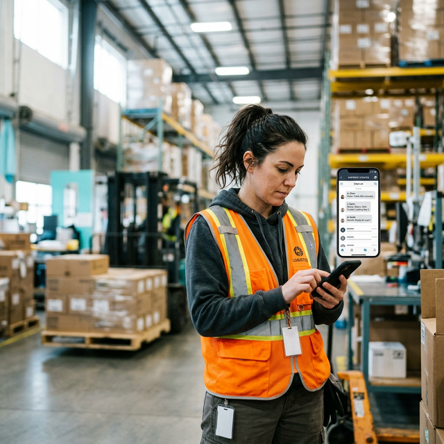 Logistikmitarbeiterin nutzt die individuelle Mitarbeiter Kommunikation App auf dem Smartphone